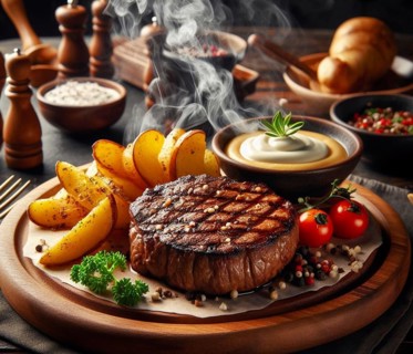 A grilled smoking bovine red meat sirloin steak in a wood dish