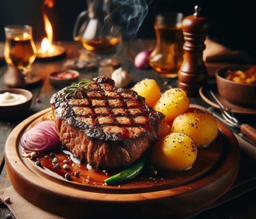 A grilled smoking bovine red meat sirloin steak perfectly coocked in a wood dish