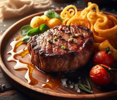 A grilled smoking bovine red meat sirloin steak perfectly coocked in a wood dish
