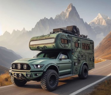 Matte green custom offroad american mustang 4x4 lifted vintage custom camper conversion jeep overlanding in mountain roads