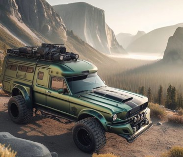 Green matte custom american mustang 60s 70s gt muscle car offroad 4x4 lifted vintage custom camper conversion jeep overlanding in mountain roads