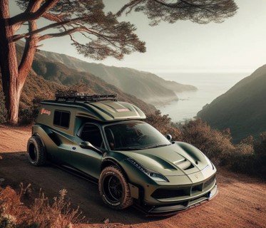 Green matte custom offroad 4x4 italian supercar ifted vintage custom camper conversion jeep overlanding in mountain roads