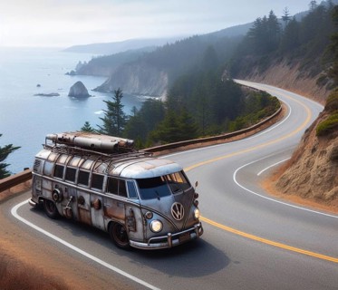 Steampunkfunny design tuned custom kombi classic expensive lifted vintage camper conversion overlanding in mountain roads