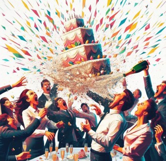 Group elegant people celebrate toxic gala birthday at club throw cake splash wine wild party dance shout laugh