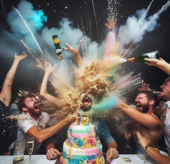 Group elegant people celebrate toxic gala birthday at club throw cake splash wine wild party dance shout laugh