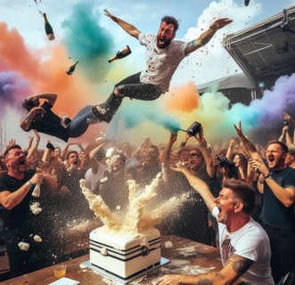 Group elegant people celebrate toxic gala birthday at club throw cake splash wine wild party dance shout laugh