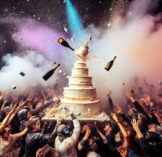 Group elegant people celebrate toxic gala birthday at club throw cake splash wine wild party dance shout laugh