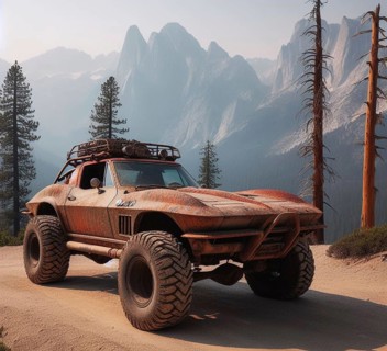 Rusty dirt offroad 4x4 60s american sports lifted vintage custom camper conversion jeep overlanding in mountain roads