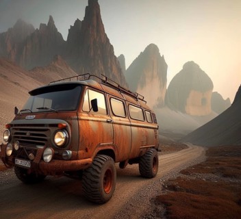 Rusty dirt offroad 4x4 lifted vintage custom camper conversion jeep overlanding in mountain roads