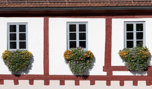 Detail of the half-timbered house with floral decoration under three windows