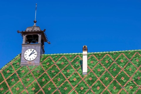Green roof with small clock tower