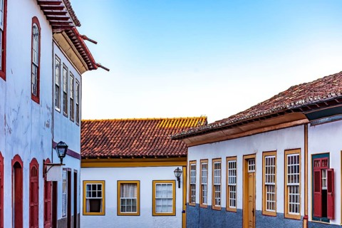 Facade of completely preserved colonial-style houses in the historic city of Diamantina in Minas Gerais
