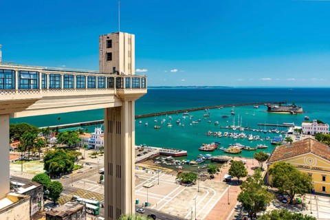 View of Baia de Todos os Santos and Elevador Lacerda on a sunny summer day in the city of Salvador in Bahia