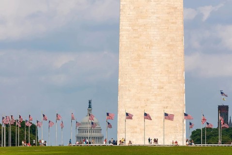 Washington Monument. The obelisk with flags