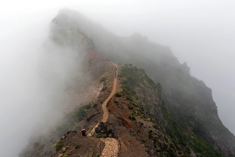 Hikers on the PR1 Vereda do Areeiro hiking trail in the fog