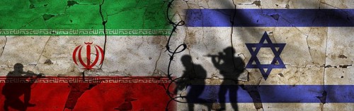 Conflict between Iran and Israel concept. Political tension between Iran and Israel. Israel vs Iran flag on cracked wall