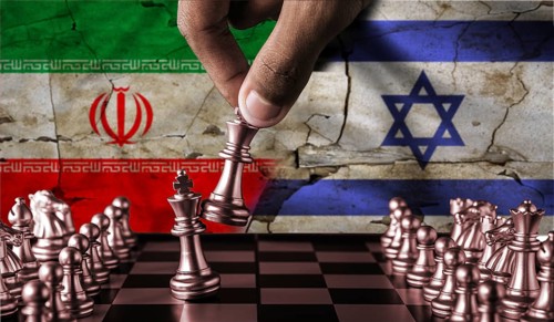 Israel vs Iran flag concept on chessboard. Political tension between Iran and Israel. Conflict between Israel and Iran on pieces of chessboard