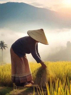 Asian woman harvesting rice in a rice plantation in the mountains