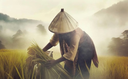 Asian woman harvesting rice in a rice plantation in the mountains