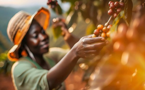 African woman harvesting on a coffee plantation