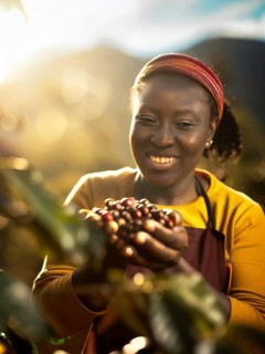 African woman harvesting on a coffee plantation