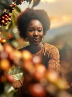 African woman harvesting on a coffee plantation
