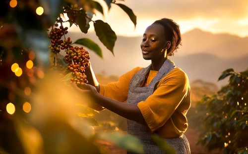 African woman harvesting on a coffee plantation