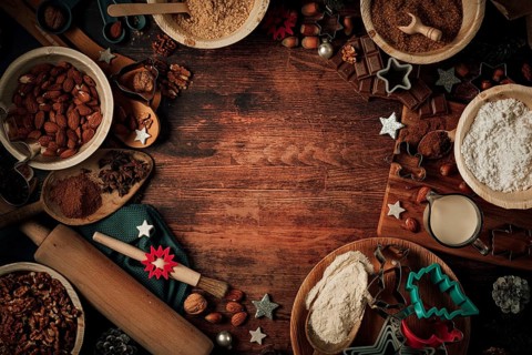 Frame made of baking ingredients and Christmas decorations