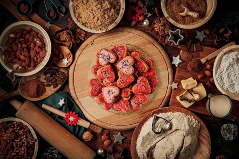Plate with glazed heart-shaped biscuits