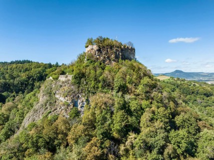 Aerial view of the Hegau volcano and Hohenkraehen castle ruins