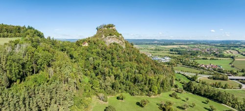 Aerial panorama of the Hegau volcano and Hohenkraehen castle ruins