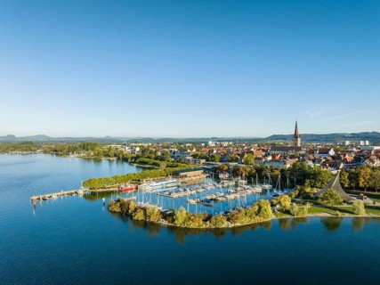Aerial view of the town of Radolfzell on Lake Constance with the Waeschbruck harbour