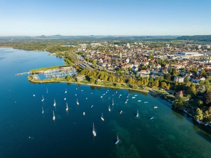 Aerial view of the town of Radolfzell on Lake Constance with the Waeschbruck harbour