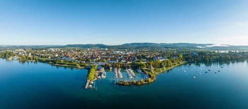 Aerial panorama of the town of Radolfzell on Lake Constance with the Waeschbruckhafen