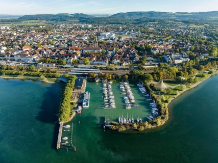 Aerial view of the town of Radolfzell on Lake Constance with the Waeschbruck harbour