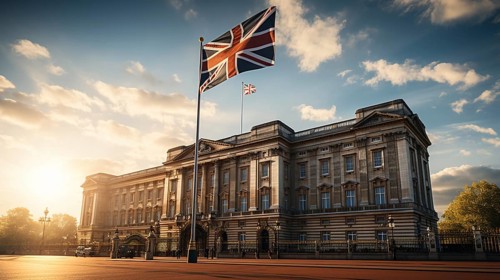 Flag of England in front of Buckingham Palace