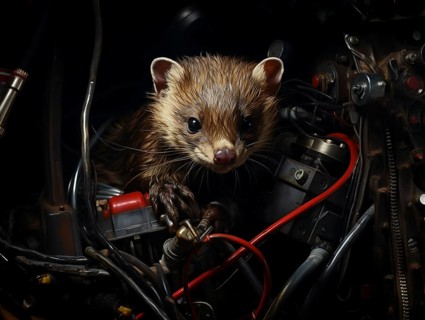 A marten gnaws on a cable in the engine compartment of a car