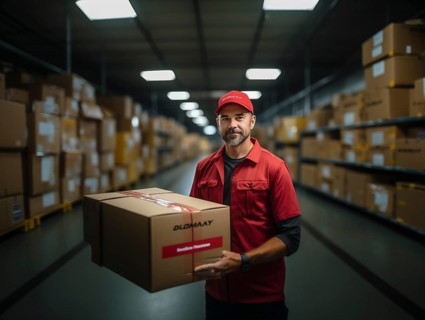 Postman parcel delivery man sorts packages in a warehouse