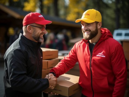 Postman parcel delivery person delivers a package
