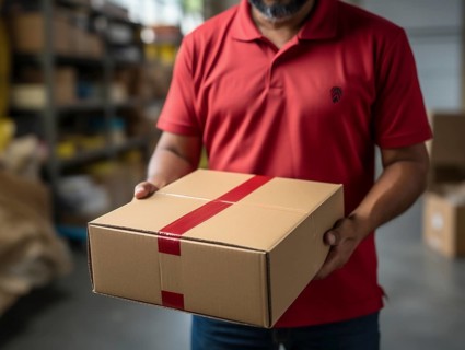 Postman parcel delivery man sorts packages in a warehouse