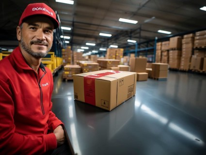 Postman parcel delivery man sorts packages in a warehouse