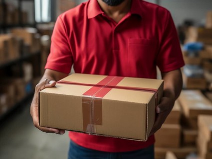 Postman parcel delivery man sorts packages in a warehouse