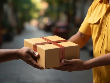 Postman parcel delivery person delivers a package