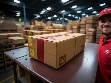 Postman parcel delivery man sorts packages in a warehouse