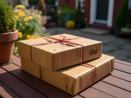 Postman parcel delivery person delivers a package