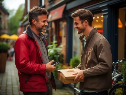 Postman parcel delivery person delivers a package