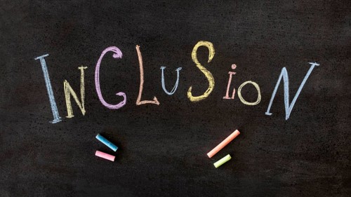 Inclusion word written colourful chalk