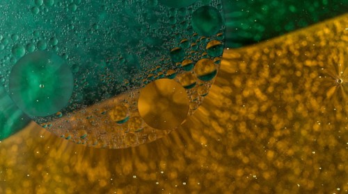 Oil bubbles floating abstract green golden background
