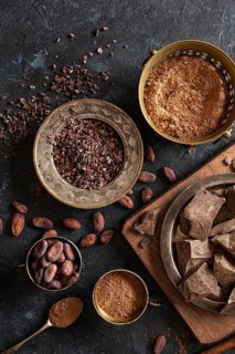 Top view chocolate with cocoa beans powder