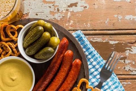 Top view sausages with beer sausages
